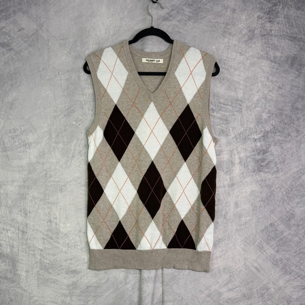 VTG Y2K Old Navy Mens Argyle Sweater Vest sz M preppy heritage academia tan